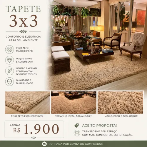 Tapete Shaggy Bege 3,00 x 3,00 m - Super Macio e Elegante