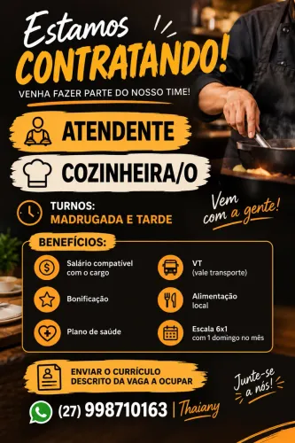 Vagas para ATENDENTE E COZINHEIRO/A