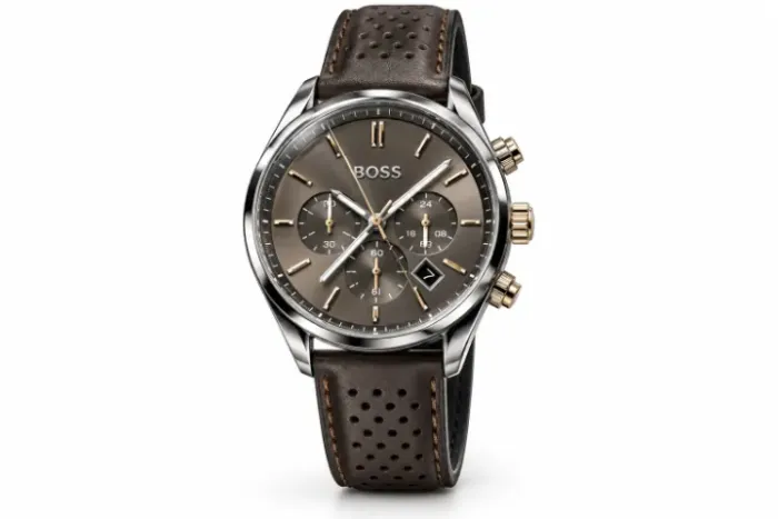 Relógio Masculino BOSS Champion Grey 1513815 44mm Pulseira de Couro Marrom Perfurado Novo