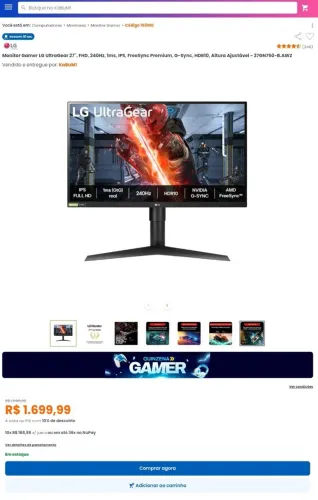 Monitor Gamer LG UltraGear 27", FHD, 240Hz, 1ms, IPS, FreeSync Premium, G-Sync, HDR10