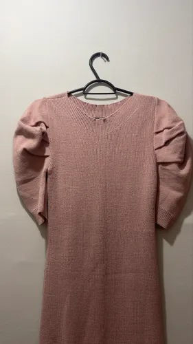 Vestido de Tricô Rosa Manga Bufante