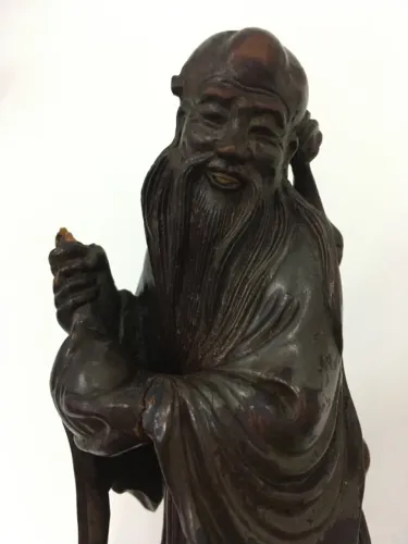 Escultura Chinesa Antiga em Madeira - Deus da Longevidade (Original)