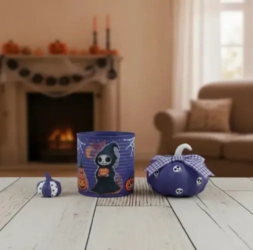 Decoração Halloween - Lata com dupla de abóboras de cerâmica