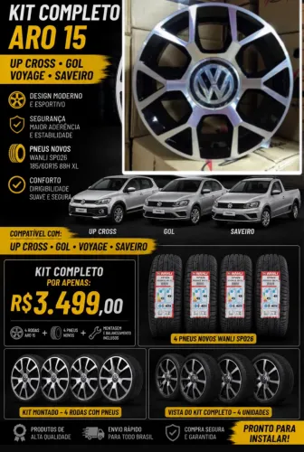 Rodas aro 15 Volkswagen 4/100 up Cross + pneus novos 