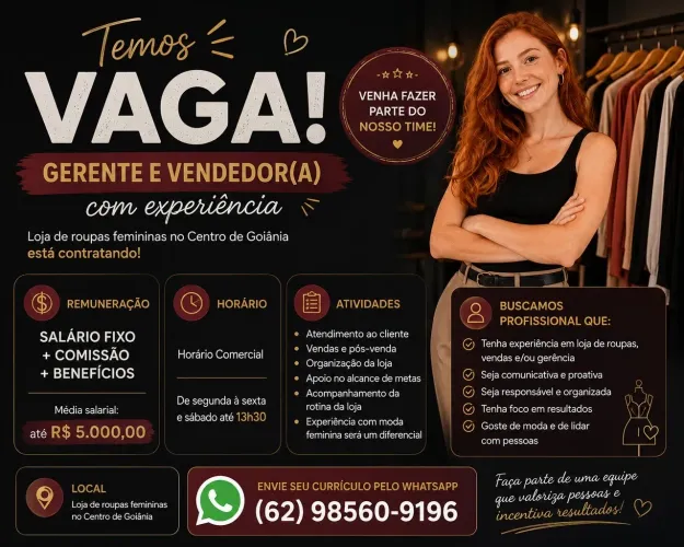 VAGA | GERENTE E VENDEDOR(A) COM EXPERIÊNCIA | LOJA DE ROUPAS FEMININAS