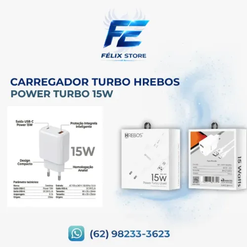 Carregador Turbo Hrebos 15w Usb-c Compatível Celular Android Tablet