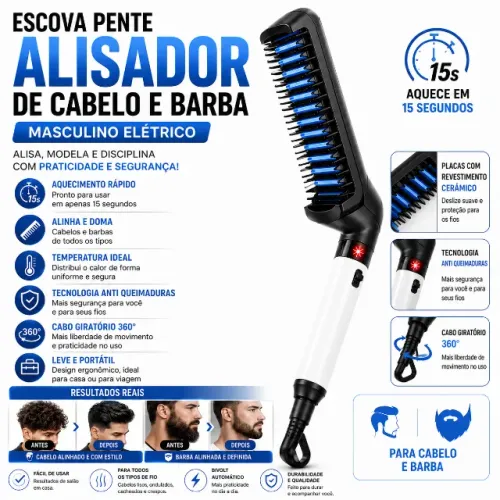 Pente Alisador de Cabelo e Barba Masculino Elétrico Bivolt