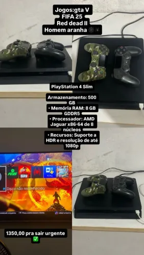 PS4 Slim 500GB + 2 Controles + Jogos (NFS Heat, GTA V, FC 25, RDR2, Spider-Man)