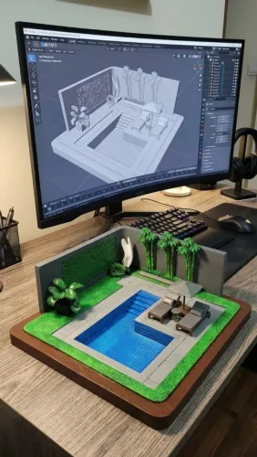 Maquete 3D Área Gourmet com Piscina - Alto Padrão | Personalizável