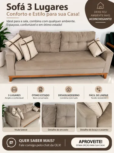 Sofá 3 Lugares em Suede Bege - Excelente Estado