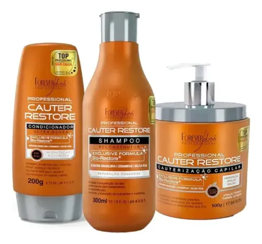 Kit Cauterização Shampoo Condicionador Máscara Forever Liss