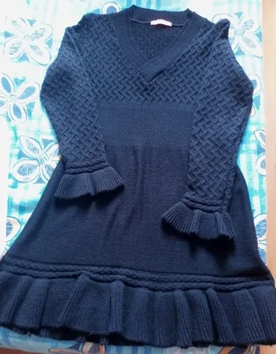 Vestido de tricô Malha de Cabo Manga Babado Bainha com babado cinturado OutonoInverno Novo