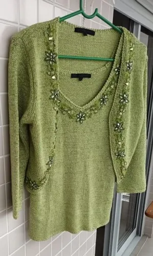 Conjunto Feminino De Casaco De Tricô Verde