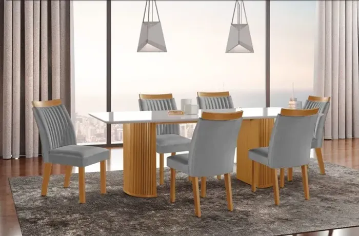 Mesa de Jantar 180 Cinamono/Off White com 6 Cadeiras Luna Linho tt43