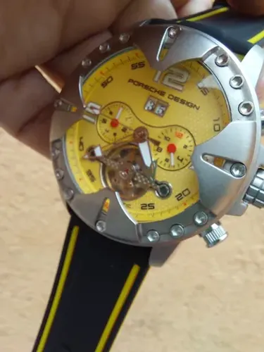 Relogio Porsche Tourbillon Amarelo Automatico Pulseira Borracha 45mm