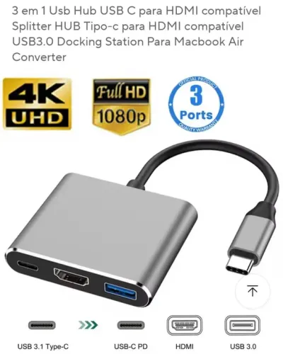 Hub USB-C para HDMI 4K com 3 Portas (Não faço entregas)