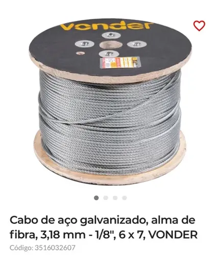Rolo Cabo de aço galvanizado, alma de fibra, 3,18 mm - 1/8", 6 x 7, VONDER New Maq