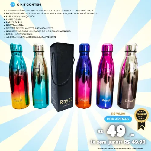 Garrafa Térmica Royal 500ml * 24h Horas Gelada e 24 Horas Quente