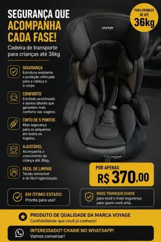 Cadeirinha de carro -Voyage Alfa de 09 à 36kg encosto removível p/ ser assento de elevação