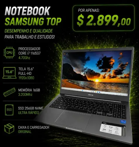 Notebook Samsung i7 1165G7 4.70GHz / Mem 16Gb / SSD 256Gb Nvme / Tela 15.6" Full-HD