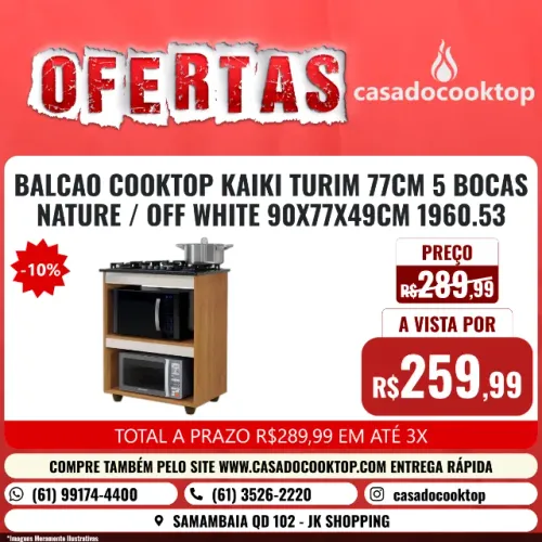 BALCAO COOKTOP KAIKI TURIM 77CM 5 BOCAS NATURE / OFF WHITE 90X77X49CM 1960.53