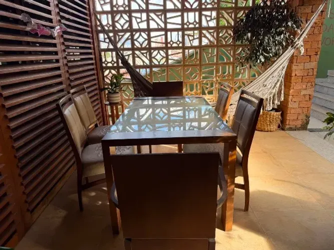 Mesa de jantar 6 lugares 1,60 x 0,90 m com tampo de vidro - madeira - ideal para reforma
