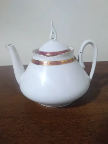 bule de chá antigo porcelana real branco com barrado bordo e dourado