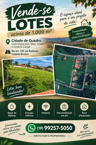 VENDA DE LOTES APARTIR DE 1000M² - SITIO BELA VISTA - MUNICIPIO DE QUADRA/SP