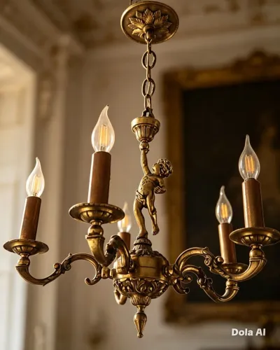 Lustre Bronze Dourado ? Estilo Francês com Anjo Esculpido ? 5 Luzes ? Vintage