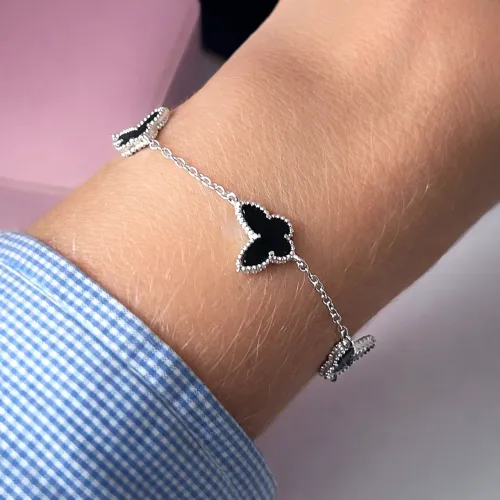 Pulseira borboleta pedra preta de Prata italiana 925