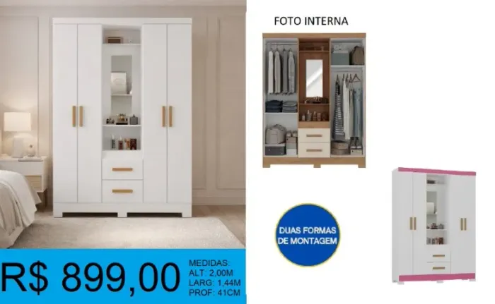 Armario 4 Portas com Espelho e 2 Gavetas -Entrega e Montagem Gratuitas
