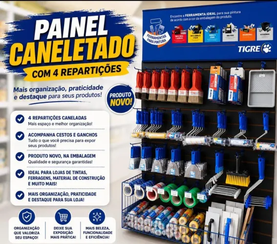 Painel canelado preto com 4 repartições, 50 ganchos e cestos, kit bucha e parafusos.