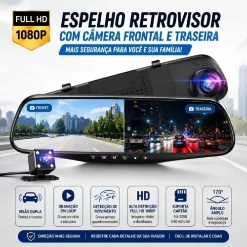 Espelho Retrovisor com Câmera Frontal e Câmera de Ré Full HD