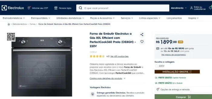 Forno de Embutir Electrolux OE8EH Elétrico 80L Preto Efficiente com PerfectCook 360 220V