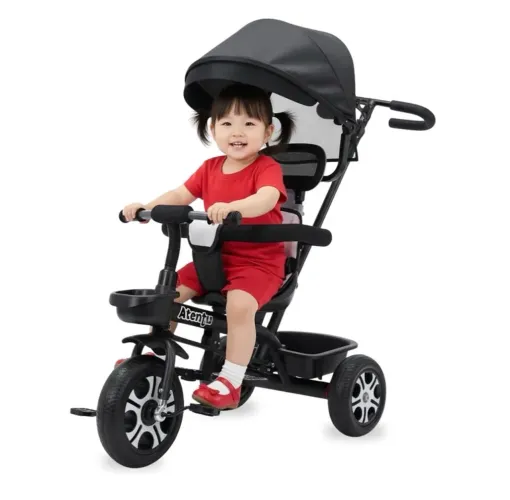 Triciclo Infantil com Alça e Capota Motoca Passeio com Empurrador (Preto)