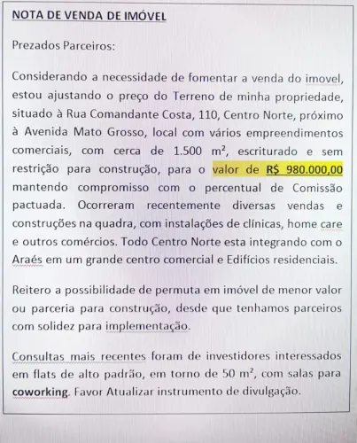 Imóvel para venda possui 1500 metros quadrados em Centro-Norte - Cuiabá - MT