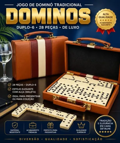 Jogo de dominó tradicional duplo-6 (28 peças) de luxo -- estojo elegante c/ alça (maleta)