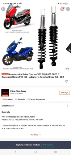 Amortecedor adaptável para pcx e nmax ( Amortecedor dafra cyticom 300 )