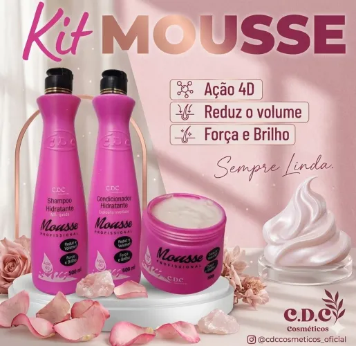 Kit Mousse 3 itens 500ml cada, manutenção capilar, controla frizz 