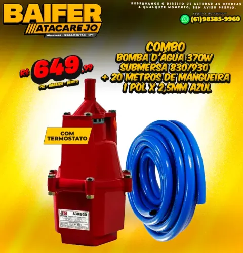 Combo Bomba D'água 370w Submersa 830/930 + 20 Metros de Mangueira 1 Pol x 2,5mm Azul