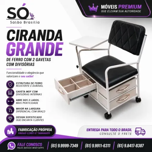 Ciranda Grande de Ferro com 2 Gavetas e Divisórias para Salão de Beleza | Móvel Manicure
