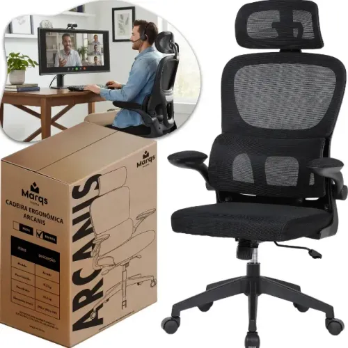 Cadeira Escritório Presidente Ergonômica NR17 Marqs Home Arcanis Preta com Apoio Lombar