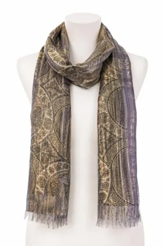 Echarpe estampa arabesco dourado e lilás - 100%poliester