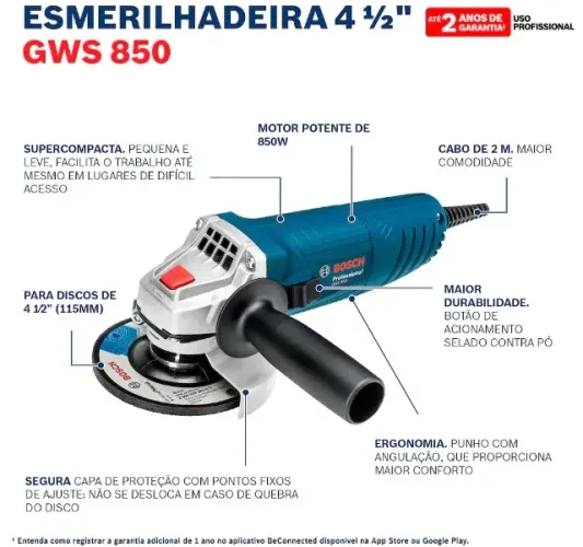 Esmerilhadeira Angular Bosch de 4 1/2" GWS 850 850W + 3 Discos + 2 anos Garantia