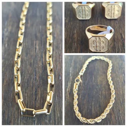 Kit Ouro: Colar, Pulseira e Anél.