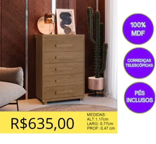 COMODA 5 GAVETAS 100% MDF A PRONTA-ENTREGA