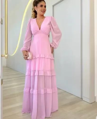 Vestido Longo Rosa Feminino Elegante