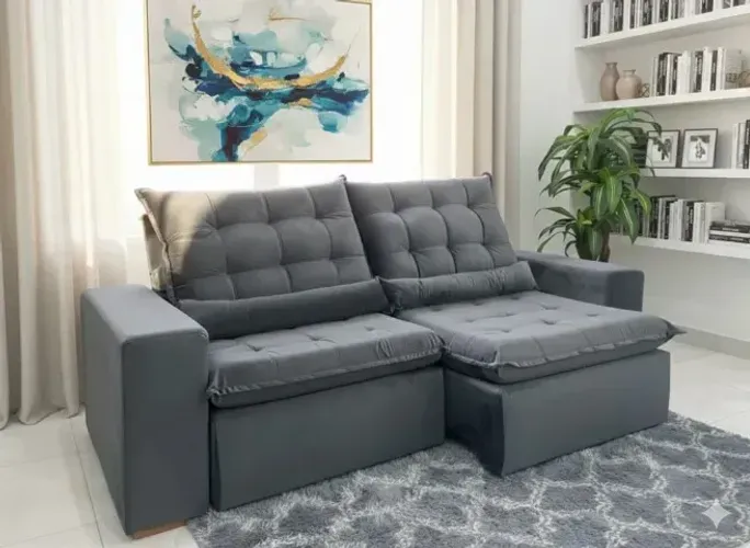 Sofá Retrátil e Reclinável Londres Cinza com Almofada