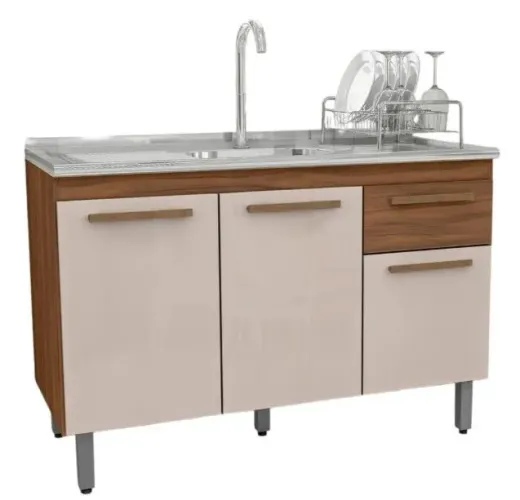 [NOVO / LACRADO] Balcão De Cozinha 120cm + Pia De Inox - 3 Portas Maderce (Kit Gabinete)