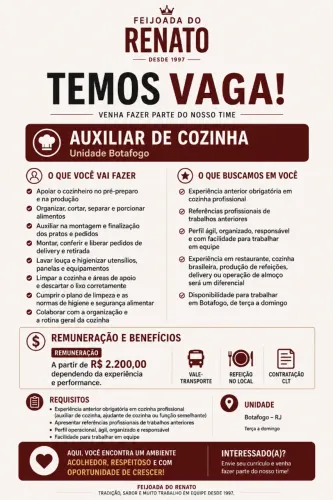 Auxiliar de Cozinha com experiência, vaga para botafogo, dia, período integral !!